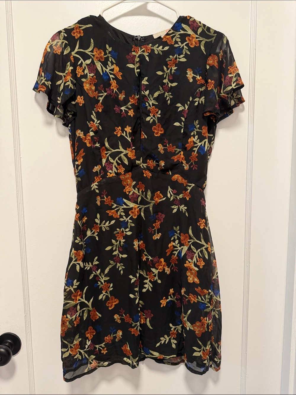 Gianni Bini Black Floral Mini Dress with Orange & Blue Accents